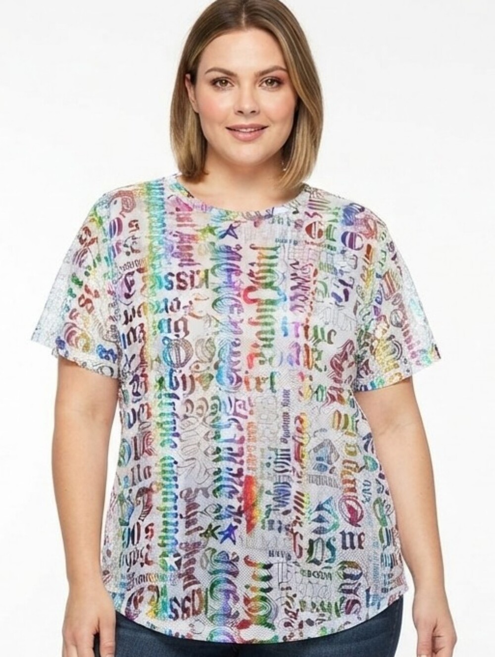 NWT Rouge Mesh Rainbow Foil Graphic Short Sleeve Top (Runs Small)